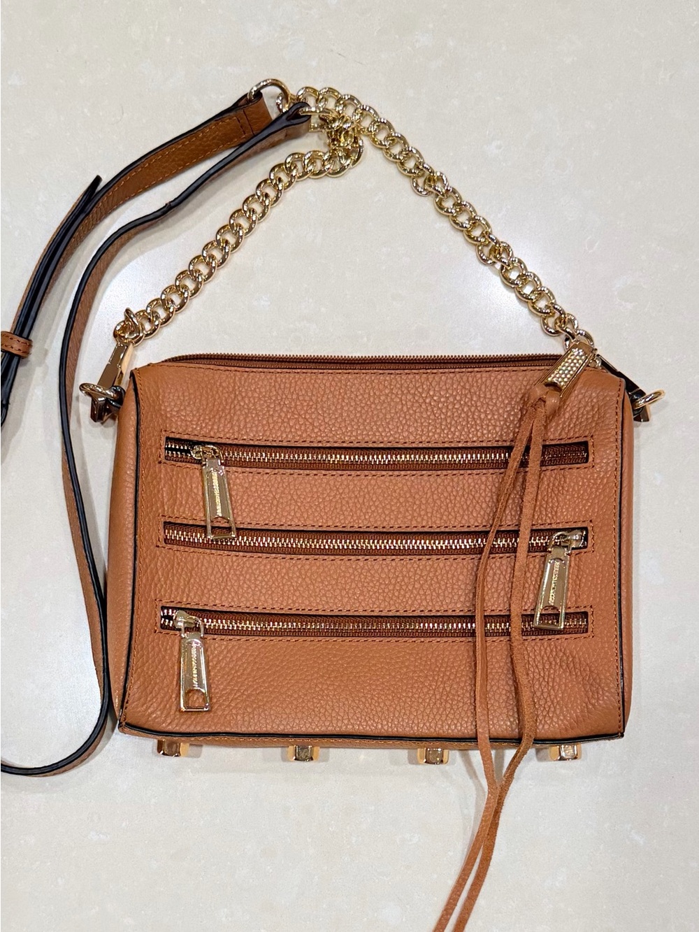 Rebecca Minkoff 5 Zip Mini MAC Leather Crossbody Bag Cognac Gold Chain